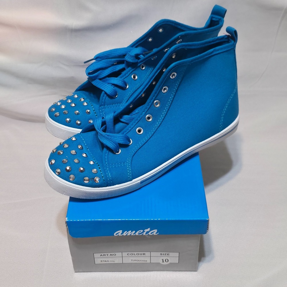 Ameta Girls‎ Blue High Top with Rhinestone Lace Up Shoes Size 10 NWT